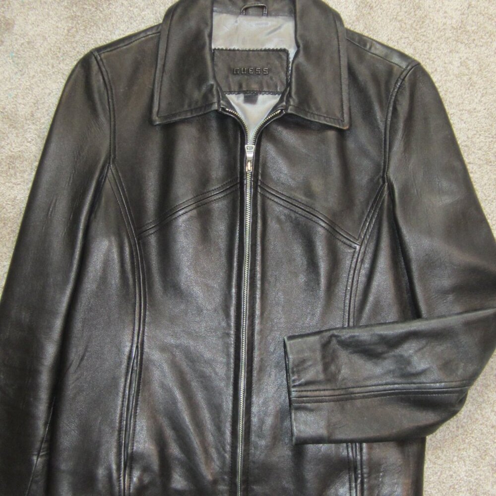 Guess Leather Jacket Vintage Size M~Ladies Short Black Leather Jacket Front Zip